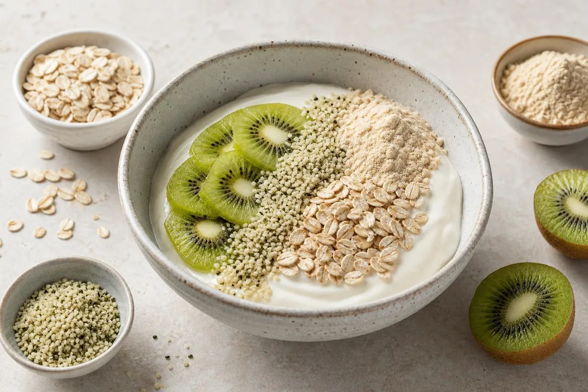 Imagen ilustrativa de Yogur de soja con kiwi, cáñamo y avena