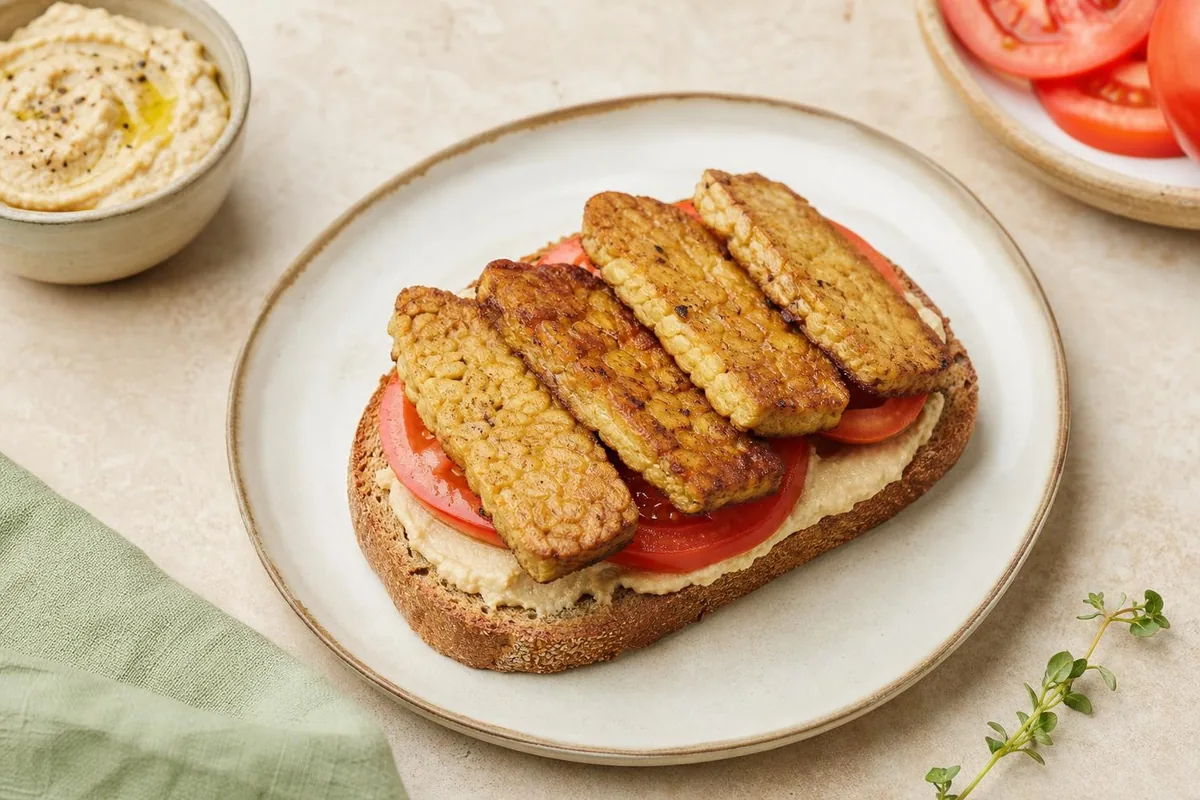 Imagen ilustrativa de Tostada de tempeh, tomate y mostaza