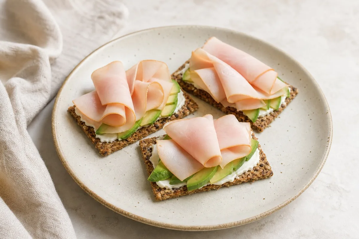 Imagen ilustrativa de Snack-platter de crackers integrales, aguacate y pavo