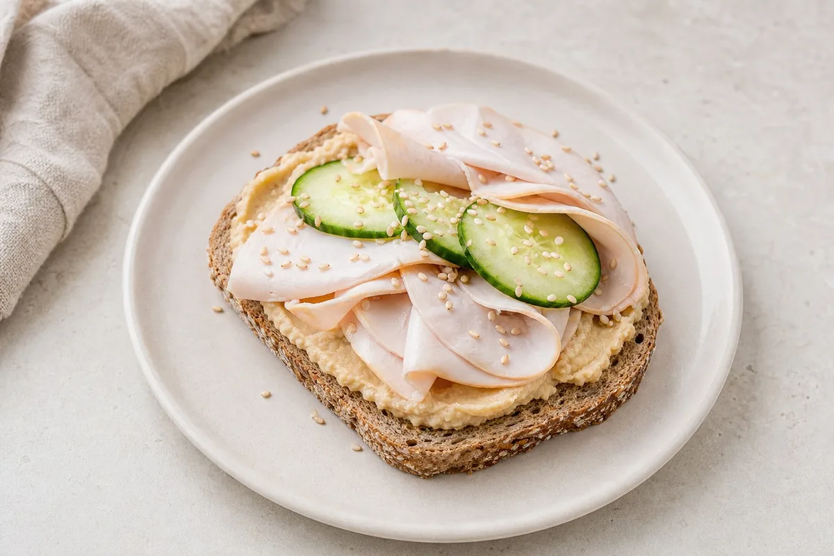Imagen ilustrativa de Tostadas de hummus tradicional con virutas de pavo