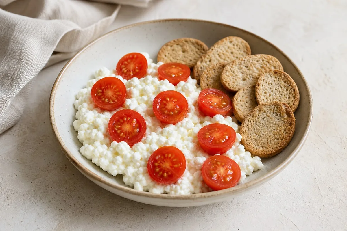 Imagen ilustrativa de Dipping bowl de queso cottage, cherrys y tostadas