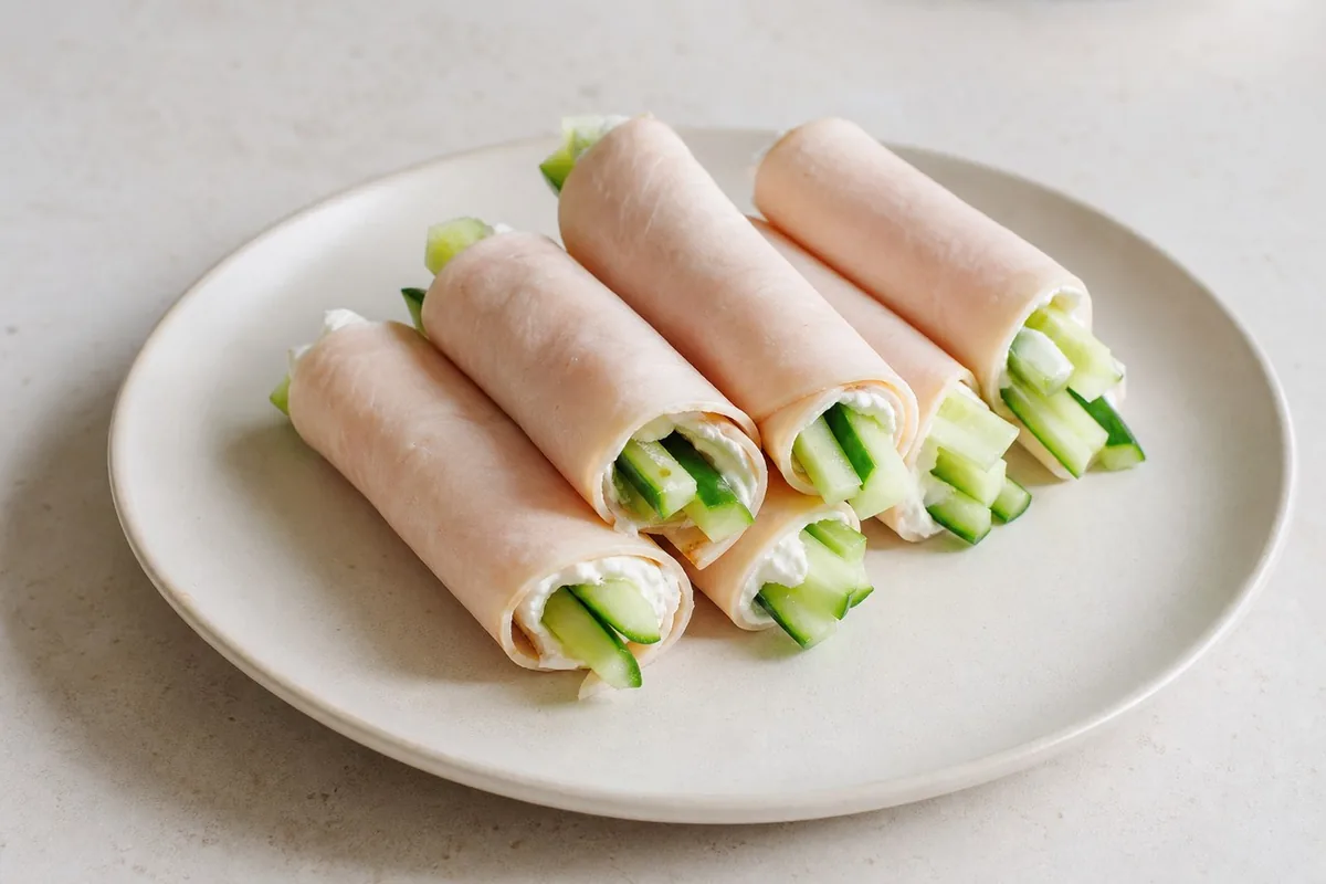 Imagen ilustrativa de Rollitos frescos de pavo, queso crema y bastones de pepino